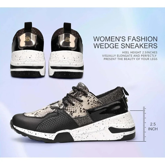 Women's Black  High Heel Wedge Sneakers Fashion Cliff Platform Retro Shoes - Picture 4 of 9